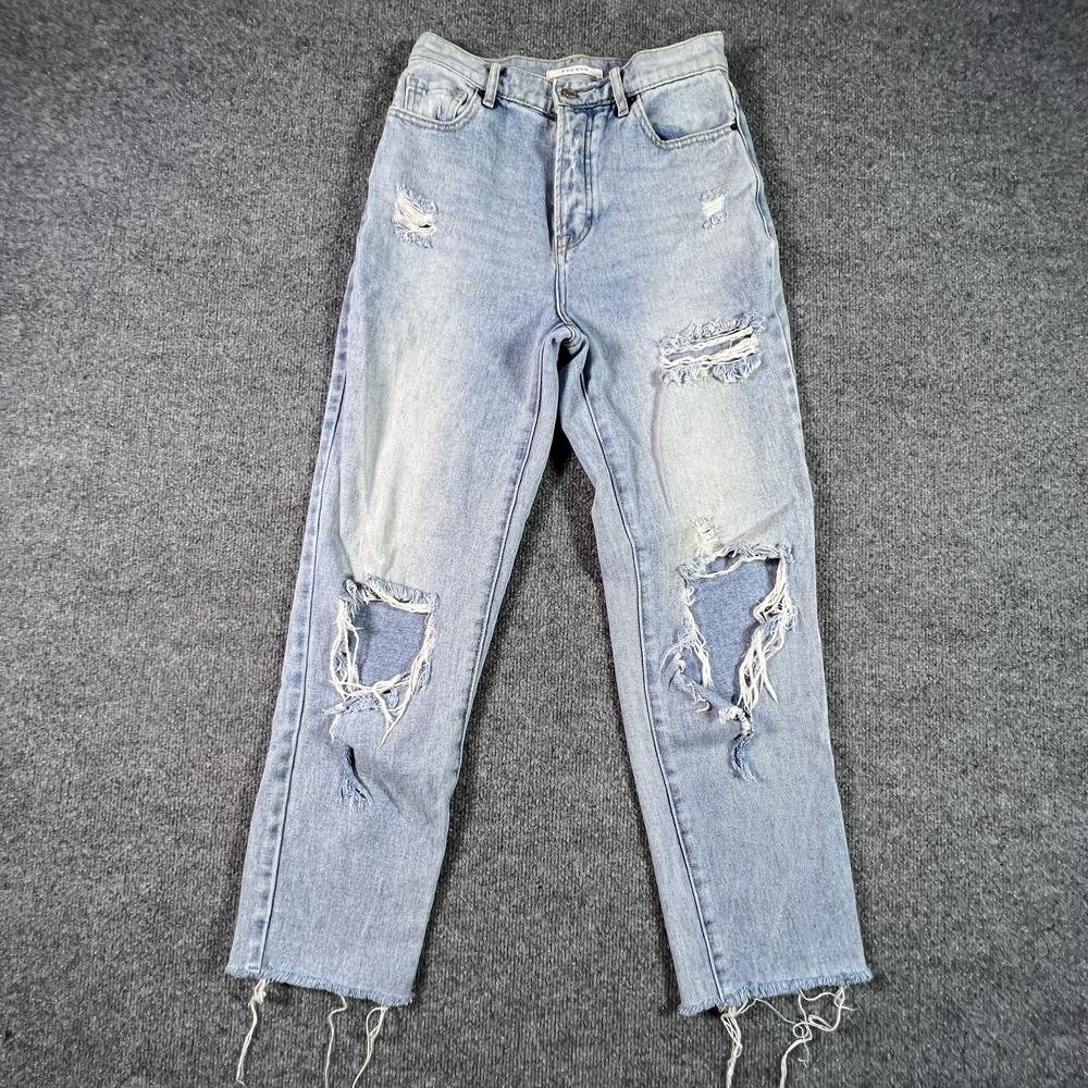 Pacsun Straight Jeans Womens 24x26 Blue Distressed Raw Hem High Rise Stretch